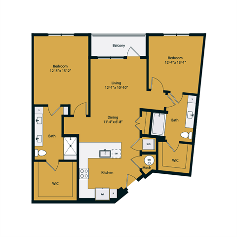 Floor plan for 2 beds, 2 baths, 1197 sqft